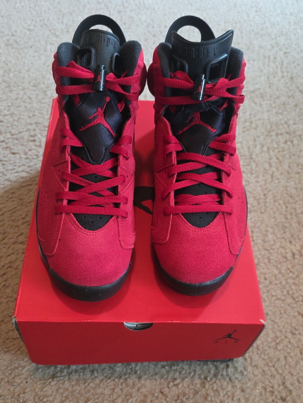 Jordan 6 Toro. Red and Black Suede High-Top Sneakers